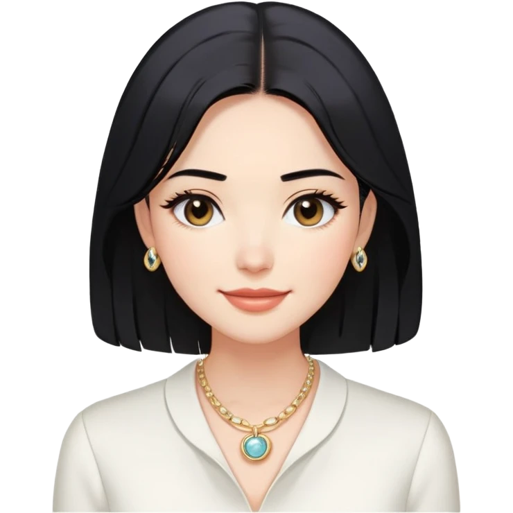 Hair: Shoulder-length black hair with face-framing layers Face: Soft double eyelids, "professional smile" with closed lips Clothes: Crisp white blouse with statement necklace Action: Adjusting ring light for Zoom meeting background emoji