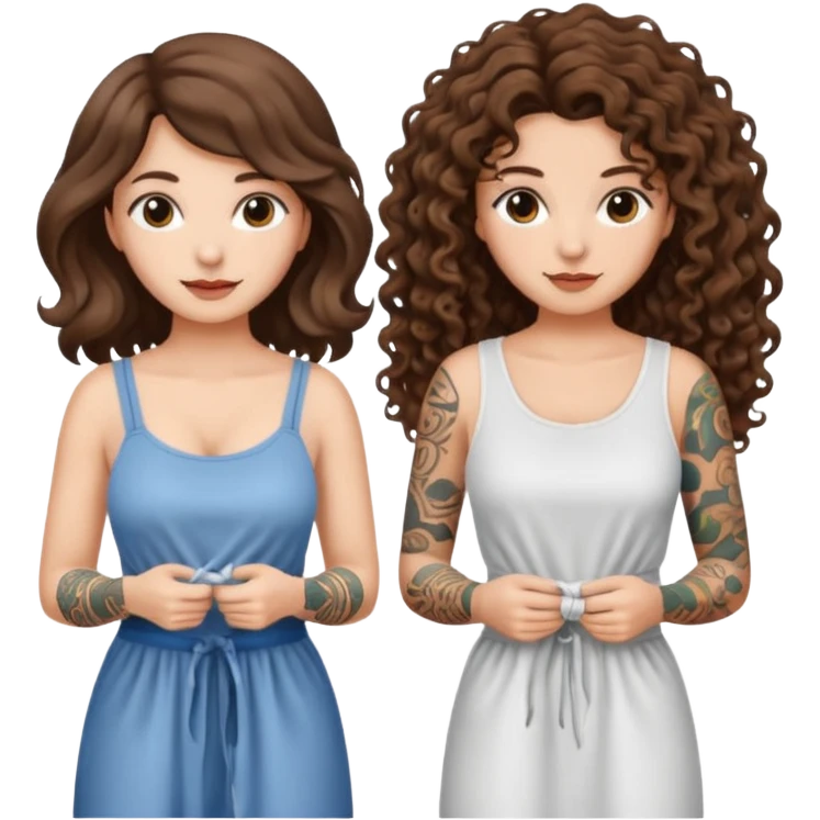 moon laundry — long wavy brown hair tattooed woman and short tight curly brown hair woman — cloth line emoji