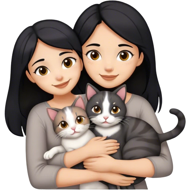 happy girl with black hair hugging three cats  (carey cat, gray cat, brown calico cat) emoji