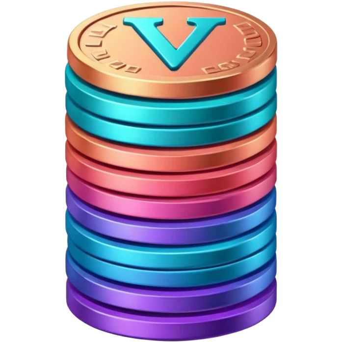 Stack of coins in gradient of turquoise, blue, pink, purple, and coral color with V letter emoji