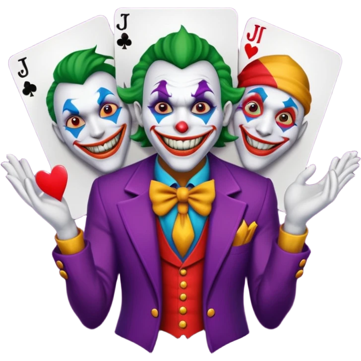 3 poker cards, with crazy colorful human jolly jokers inside, face and torso only emoji