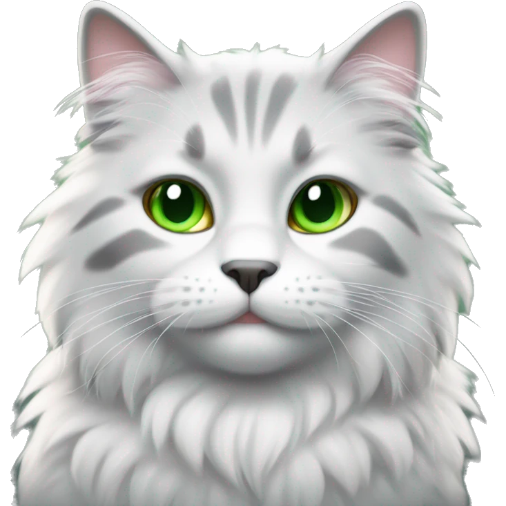 Grey fluffy cat green eyes white ring of white fur around neck emoji