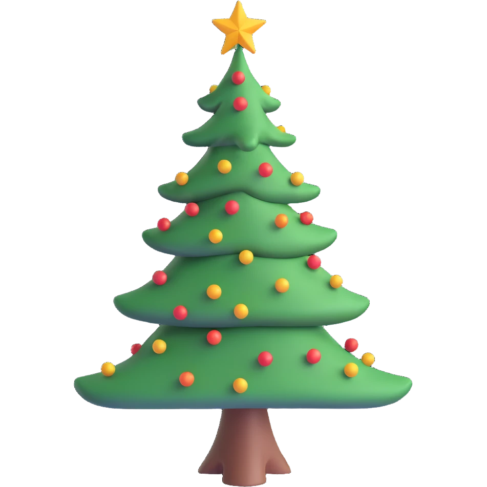 a really bad christmas tree, lopsided, sparse branches, missing decorations, awkward shape emoji