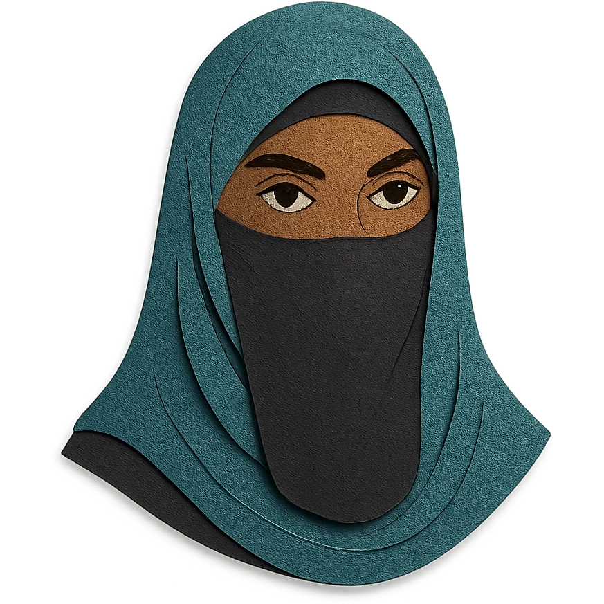 femme noire voilée, regard intense, expression sage, paper-craft style emoji