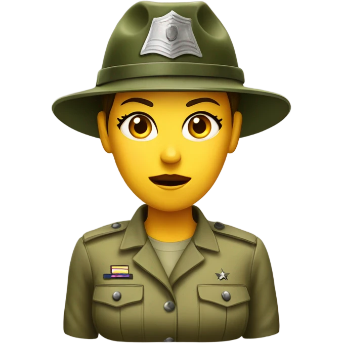 a female drill sergeant showing full torso wearing a classic sergeant hat and a camouflage army shirt. The character should have an angry intense expression.  emoji