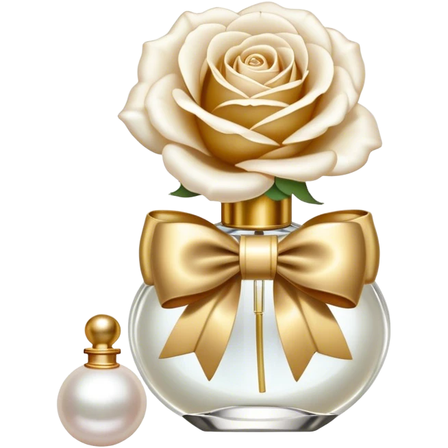 white English rose Benjamin Britten ( flower ) and pearl bow and vintage gold perfume bottle  emoji