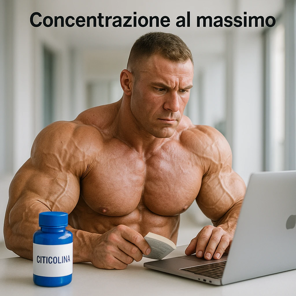 hyper realistic bodybuilder studying with Citicolina and laptop, well visible muscles, blue bottle, laptop, text 'Concentrazione al massimo', modern environment, light background emoji