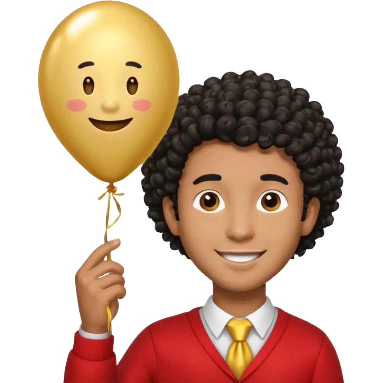 brown skin, black curly hair man hold gold balloon emoji