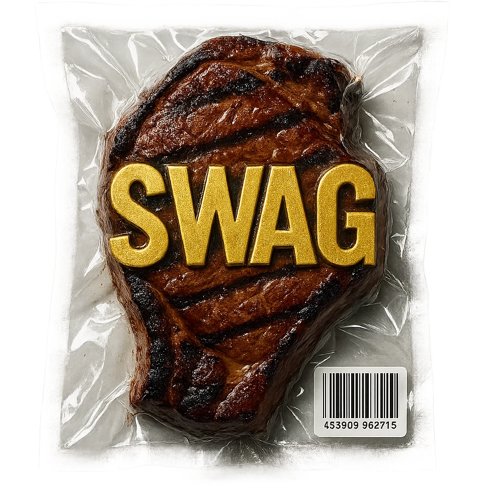 grilled steak with bold gold 'SWAG' letters, glossy vacuum-sealed style emoji