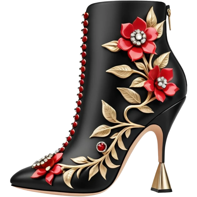 Alexander McQueen realistic highly detailed, Women's ankle booties with embellishments, vivid and glamorous, still life. Rendering, side view, 8k emoji