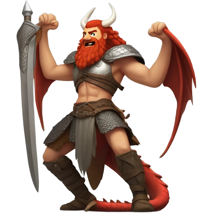Viking red head beautiful  dragon queen with a slain Viking solder with a man bun standing on a dragon flying over a volcano in a beautiful sky emoji