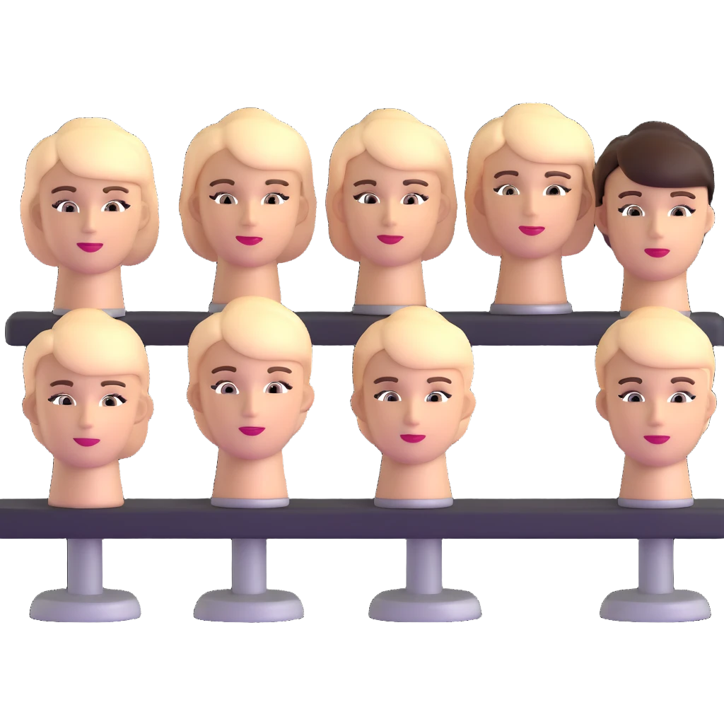 hair salon classroom with students practicing on mannequin heads emoji