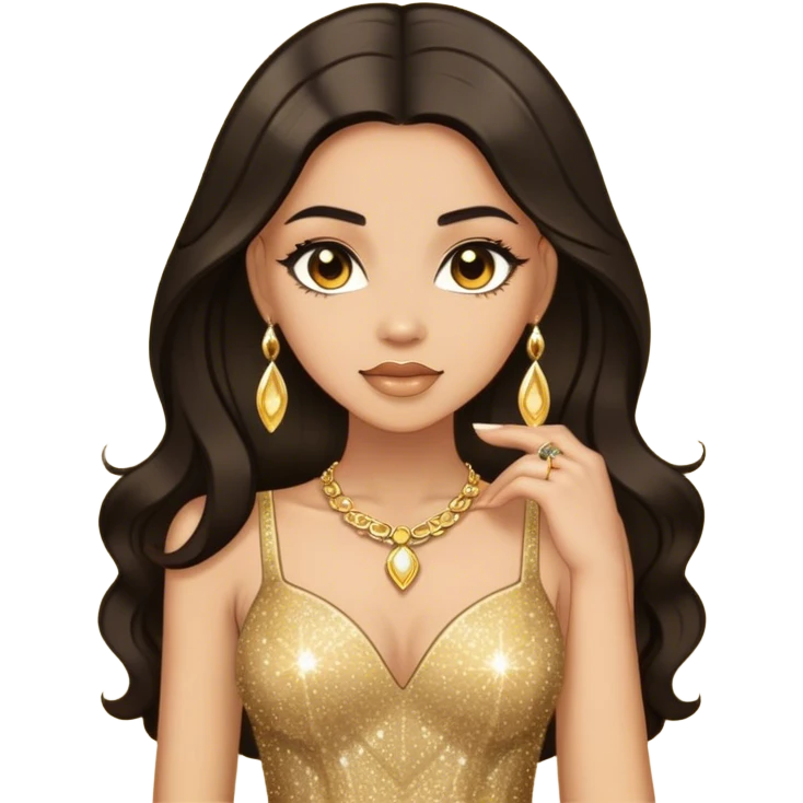 light skin woman with half long dark hair in gold sparkle dress with gold jewelry emoji