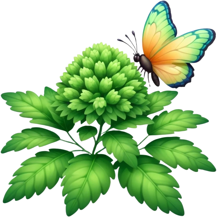A fluffy bush with soft light-green foliage and a small butterfly emoji