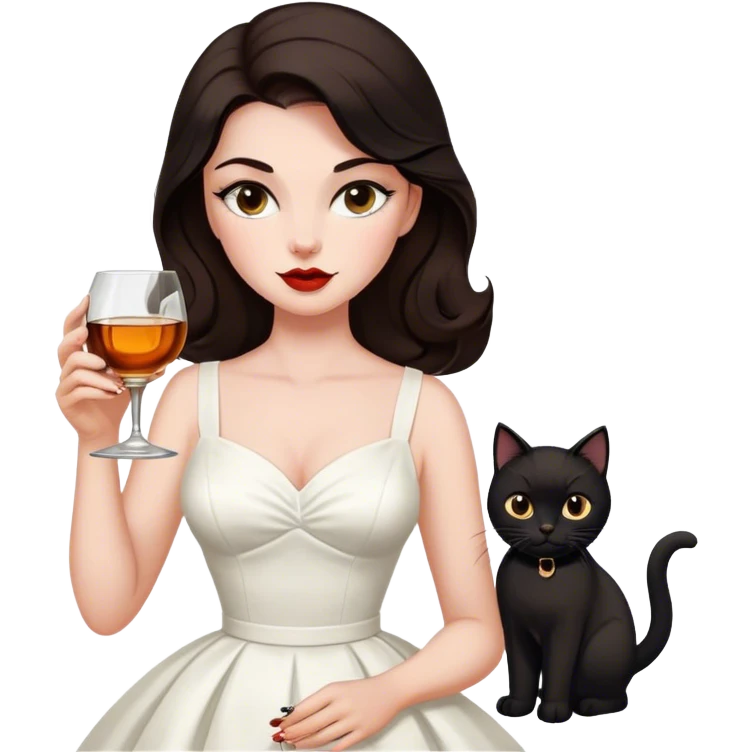 Beautiful woman in 1950’s woman fashion look, white dress, long dark brown hair, whisky with ice, black cat emoji