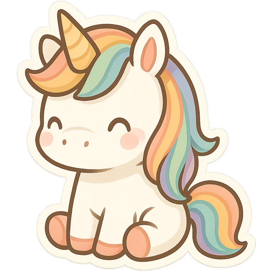 a cute unicorn with a rainbow mane, chibi sticker style emoji
