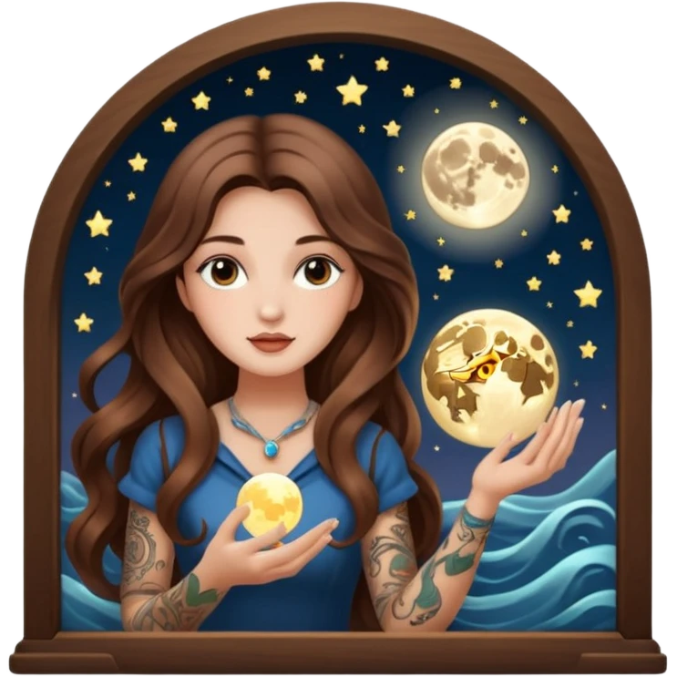 moon mystic woman long wavy brown hair tattoos opening tiny light box emoji