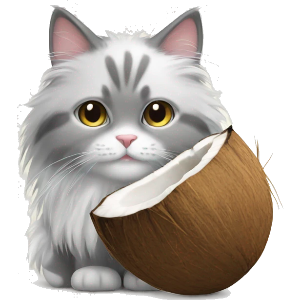 Grey and white fluffy cat in a coconut emoji