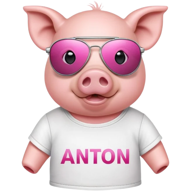 A pig with aviator sunglusses, with a t-shirt with a text "Anton" emoji