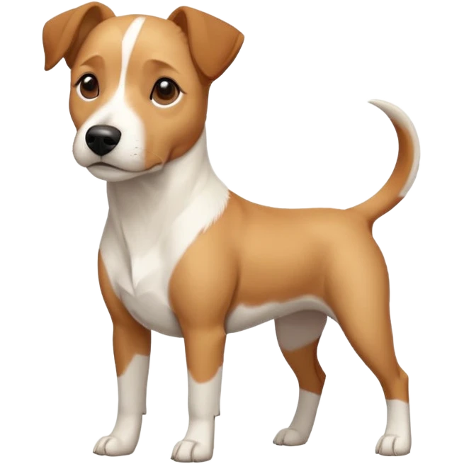 a full body facing front on of a buff white beagle cross jack russell terrier looking dog the size of a kelpie with light brown long ears resting on its face and a light brown patch above one eye and a large snout. the rest of the dog is completely white.  emoji