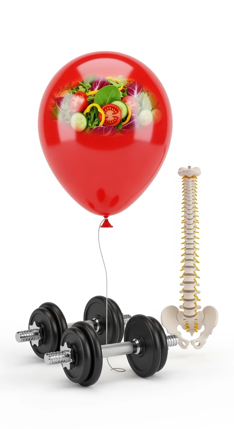palloncino rosso con all'interno insalata, manubri da palestra e una spina dorsale anatomica realistica in 3d, isolato su sfondo bianco emoji