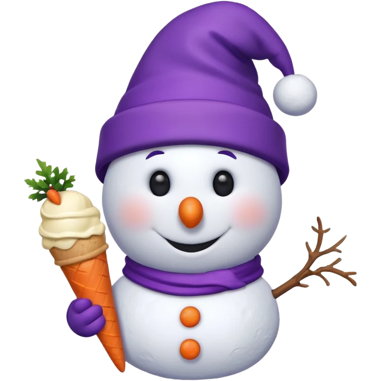 snowman wearing purple cap with ice cream  emoji