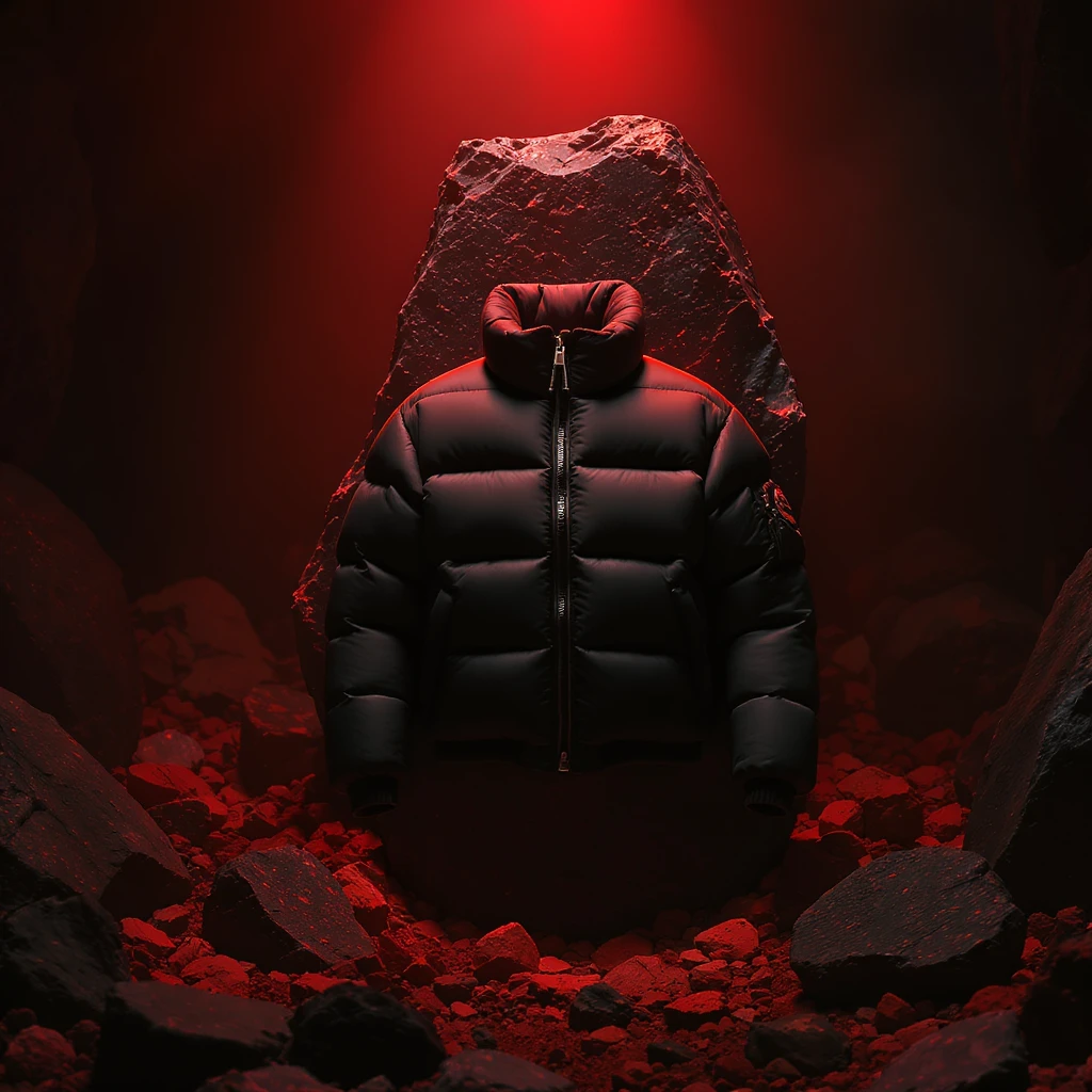 cinematic still of a front black puffer jacket around black stone with red coal temeperature environment, back red light, top light  emoji