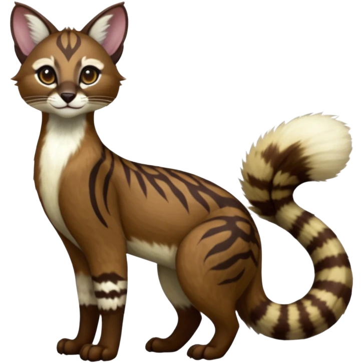 Colorful dark chocolate-brown tropical beige, white fur iridescent glorious divine exotic cute cool beautiful shiny beautiful fantasy-caracal-civet-genet-sergal-vernid-Cacomistle-oncilla-animal-Fakémon-hybrid-fursona with pattern markings (full body) emoji
