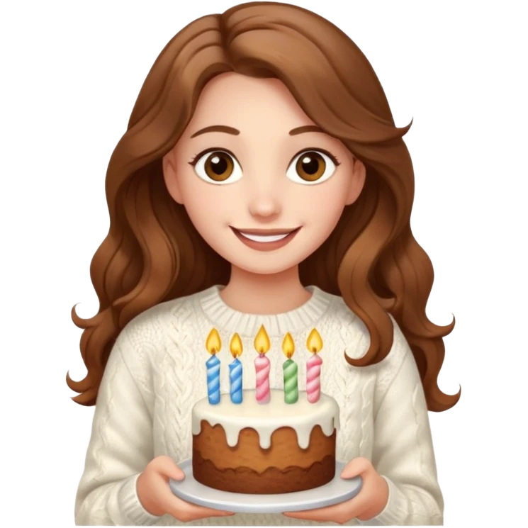 A pretty white girl with hazel brown eyes and long brown wavy hair in a cosy white knit sweater, she is celebrating her birthday and is happy emoji
