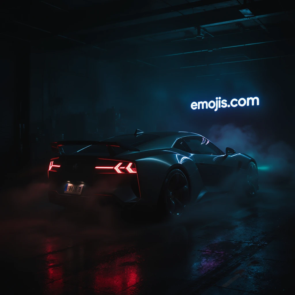 Cinematic still of a futuristic car parked in dark garage with led behind saying "emojis.com", room fill with haze, very detailed and futuristic ,inspired by cyberpunk 2077 emoji