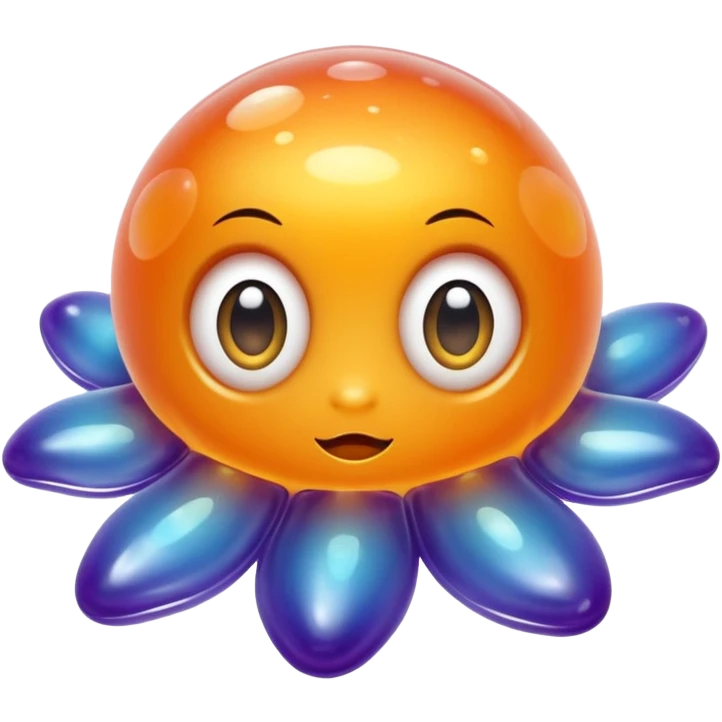 a combination of a water droplet and a ghost tail.
The bottom part is softly squished and slightly curled like a tail
floats in the air with no feet, has small round hands like jelly
Ieyes are large, round, and sparkle like jelly marbles.
The character has a translucent jelly-like texture. emoji