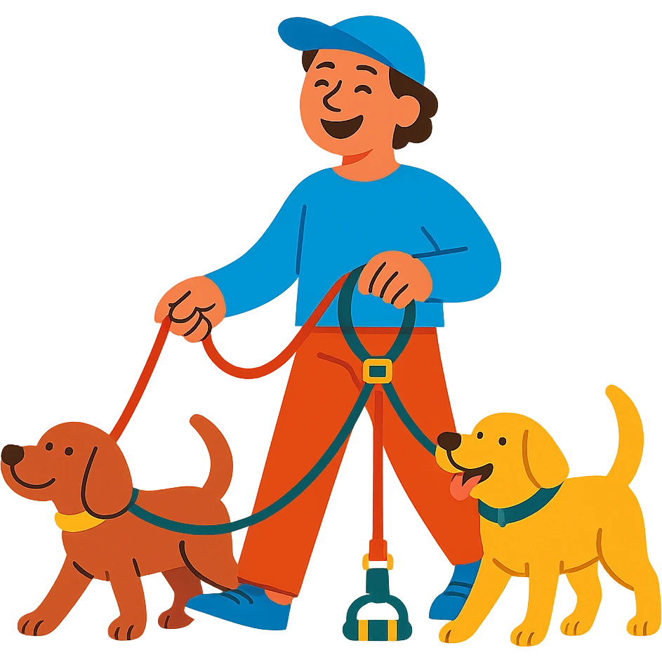 happy person walking two dogs with organized leashes, multifunctional dog walking collar, feeling of tranquility and order, vibrant and friendly style emoji
