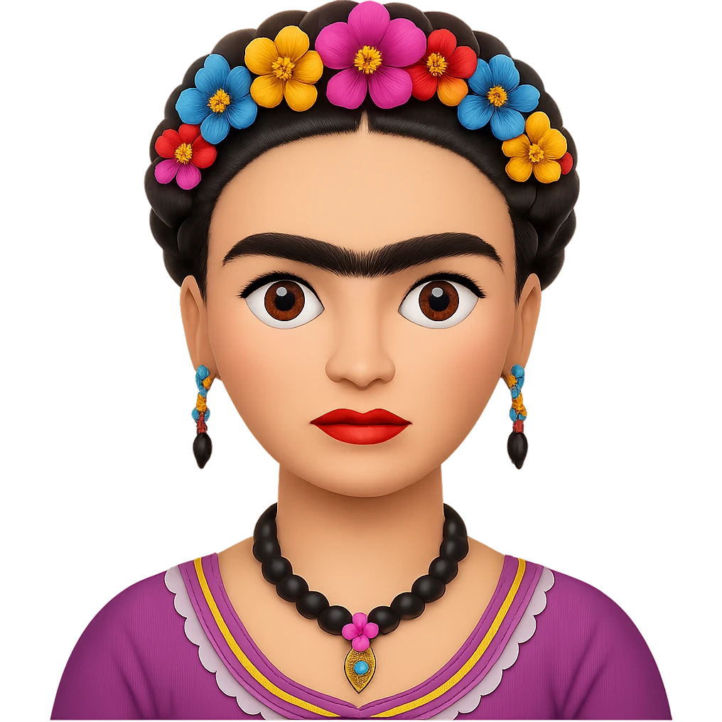 Add a more prominent unibrow to Frida Kahlo in the style of emoji. Keep the transparent background. emoji