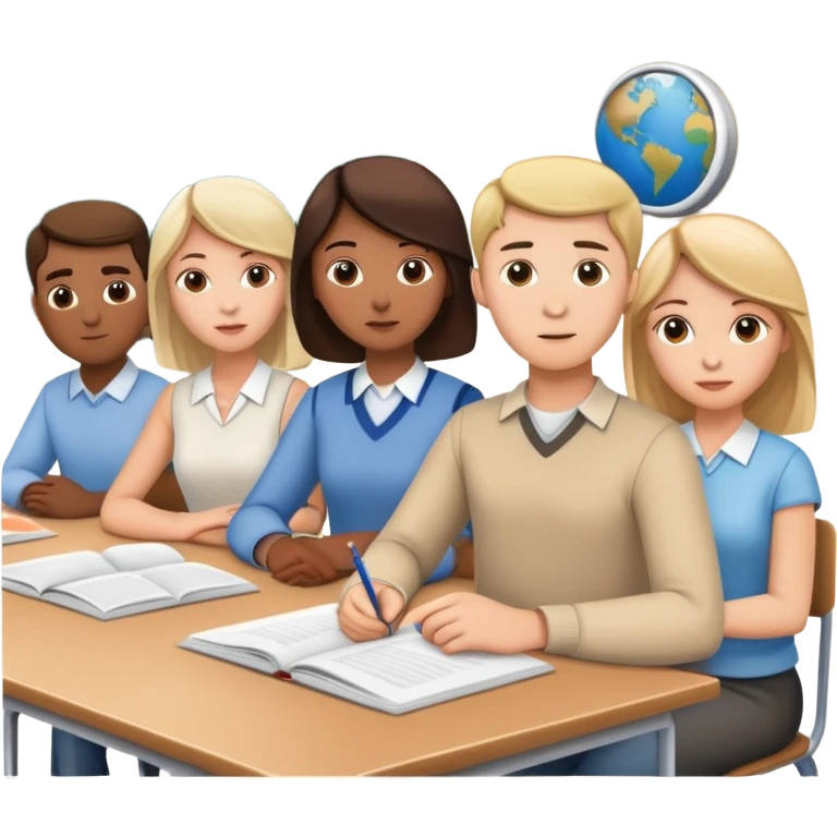 five caucasian people sitting together in classroom learning emoji