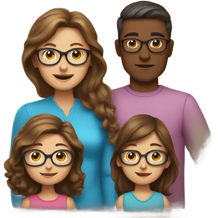 White family of 4, brown hair mom, brown hair boy, 2 girls with glasses and long brown hair emoji
