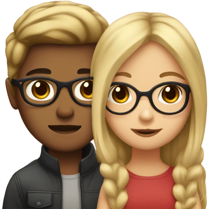a girl with bright blonde straight hair and brown eyes kissing a boy with dark brown hair and he wears glasses emoji