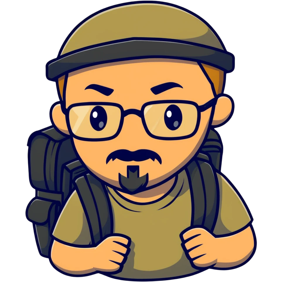 adventurer with goatee beard (no beard on cheeks), short hair, glasses, backwards military tan cap and backpack emoji