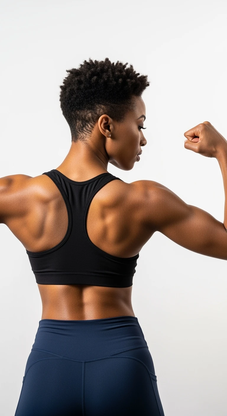 donna fitness di spalle con spina dorsale in evidenza, sfondo bianco emoji