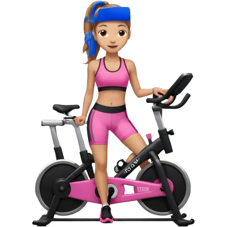 Light skin girl with long light brown hair in a pony tail, black workout set leaning on a indoor spin bike with NO HELMET, can we add a pink sports bra that says HOT GIRL CYCLE CLUB emoji