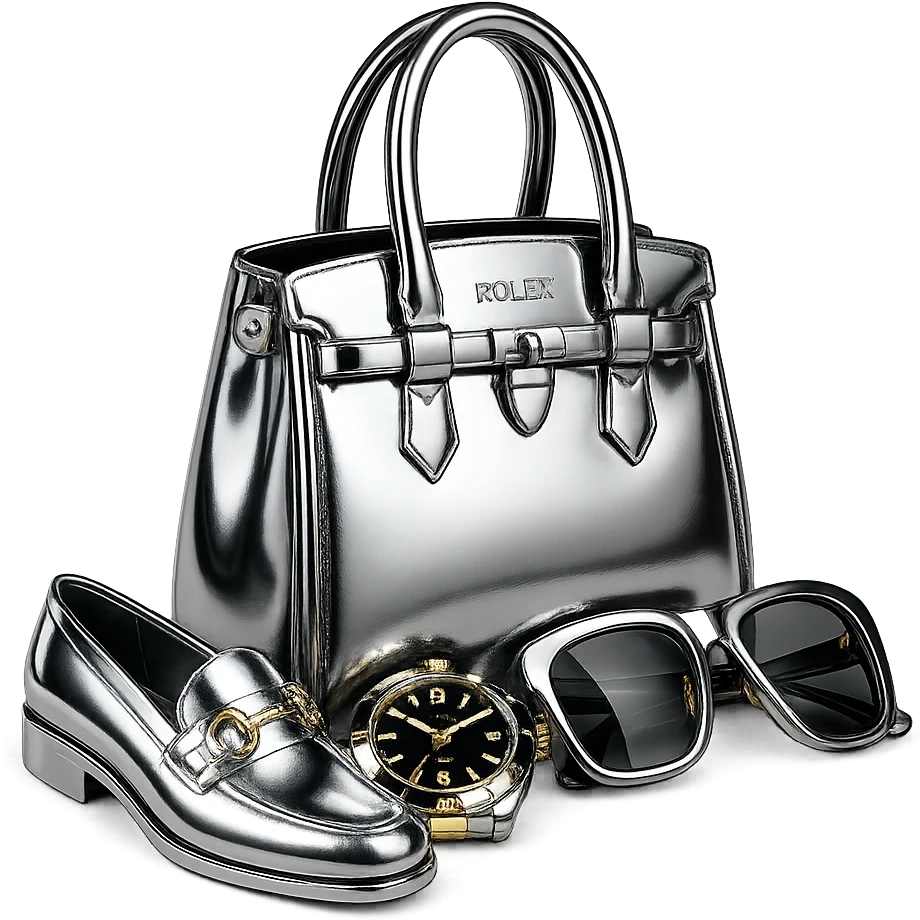 Transform the image to chrome 3D style with color. Make the gold parts black and white, the shoe white and gold, the watch black and gold, the glasses black and gold, and keep the bag black and white. Ensure all items are highly reflective and metallic, with vivid color accents where specified. Remove the background. emoji