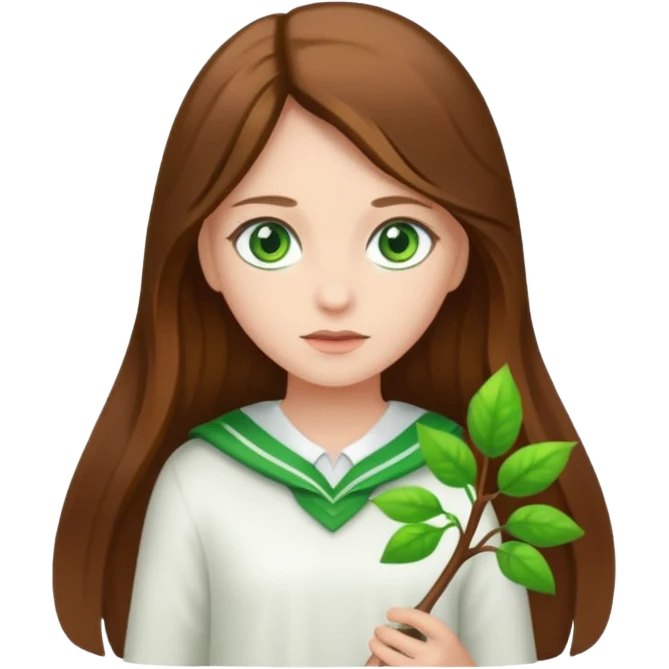 Girl with long brown hair and green eyes and a white ahirt emoji