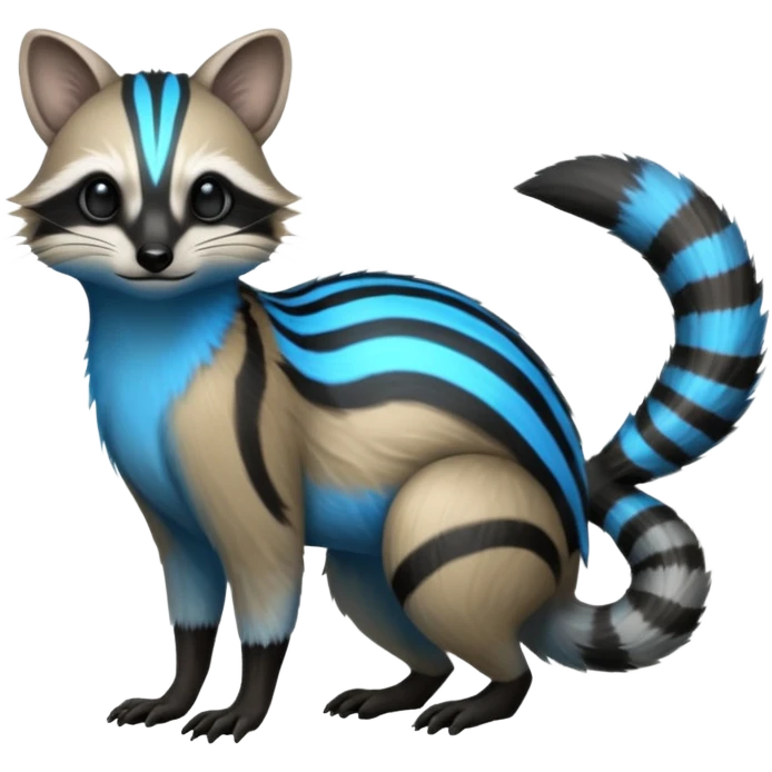 White and blue and grey and black neon glowing bioluminescent Genet-Numbat-Cacomistl-Tamarin-Tanuki-fusion-hybrid (full body) emoji