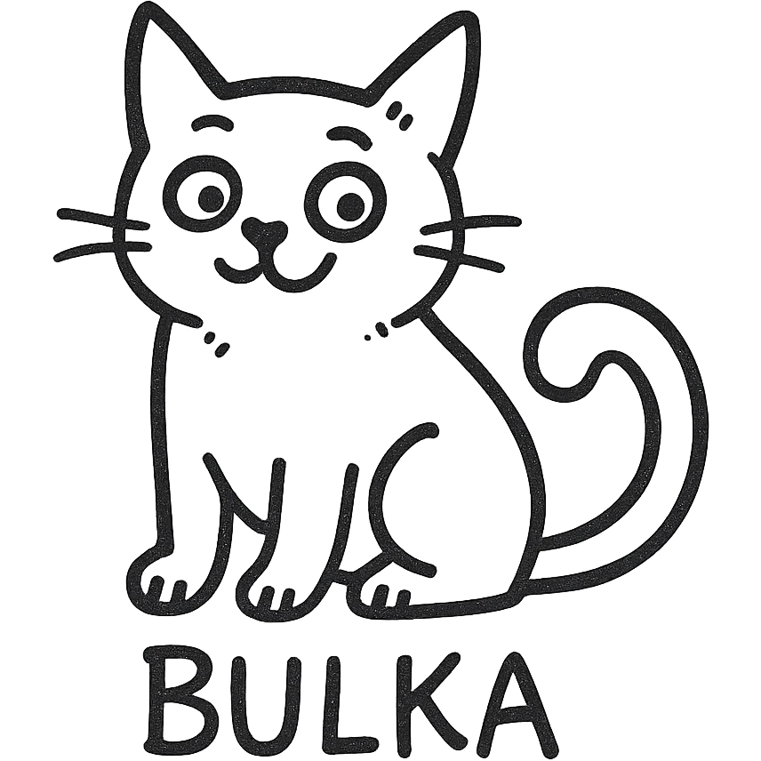 hand-drawn black outline icon of a playful cat named Bulka, sitting with its tail curled emoji