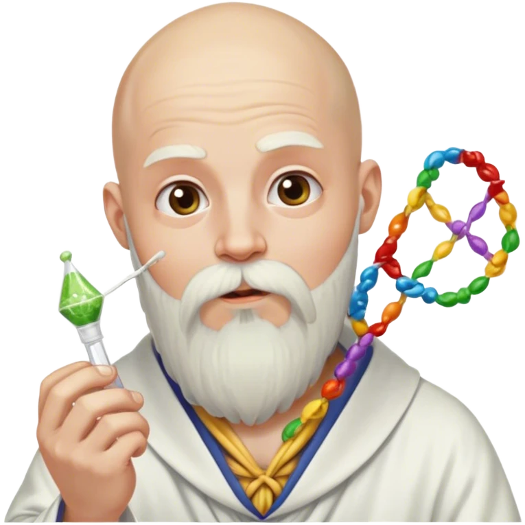 completely bald guy, with a long, white wizard beard tied down in a hair tie, eating a strand of dna emoji