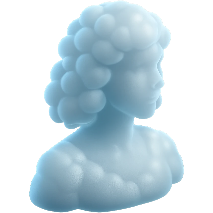 person looking straight, composed entirely of bright, puffy clouds, shoulder length, matte glass style emoji