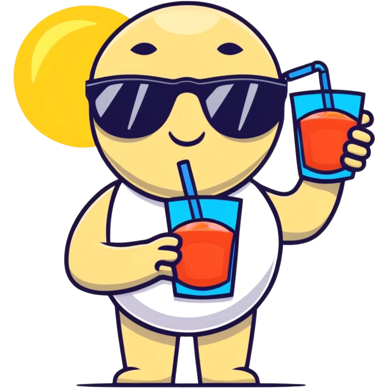 hand with sunglasses, holding fruit juice, on a sunny beach emoji