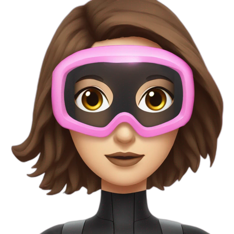 woman with brown eyes, large and long straight brown hair, pink diving mask with a single crystal. underwater black suit emoji