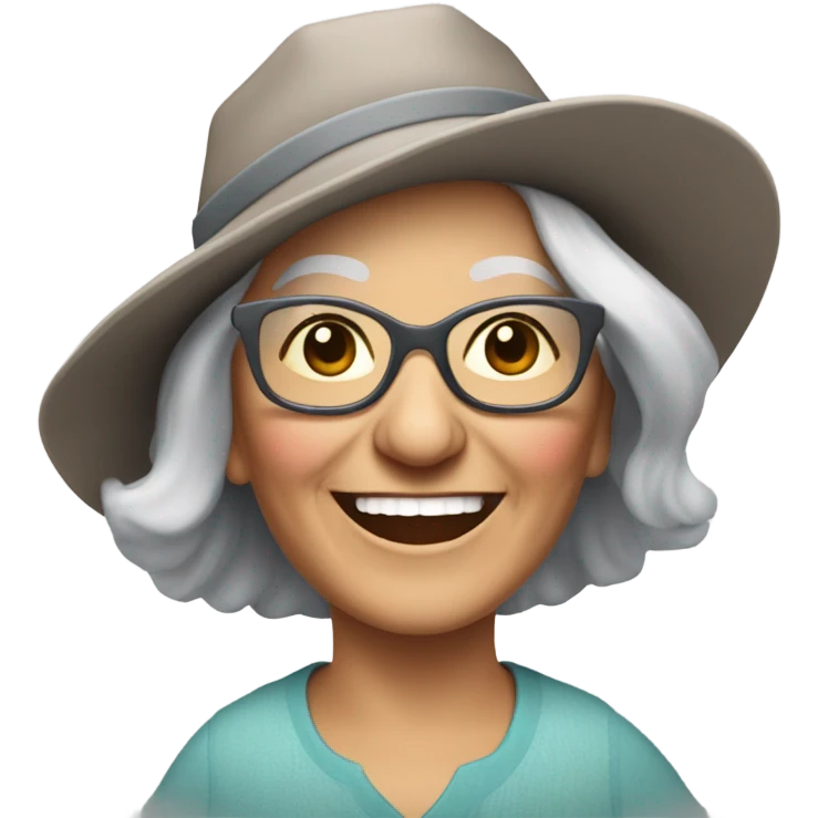 smiling younger grandma with hat and sunglasses , longer grey hair outdoors with a donkey emoji