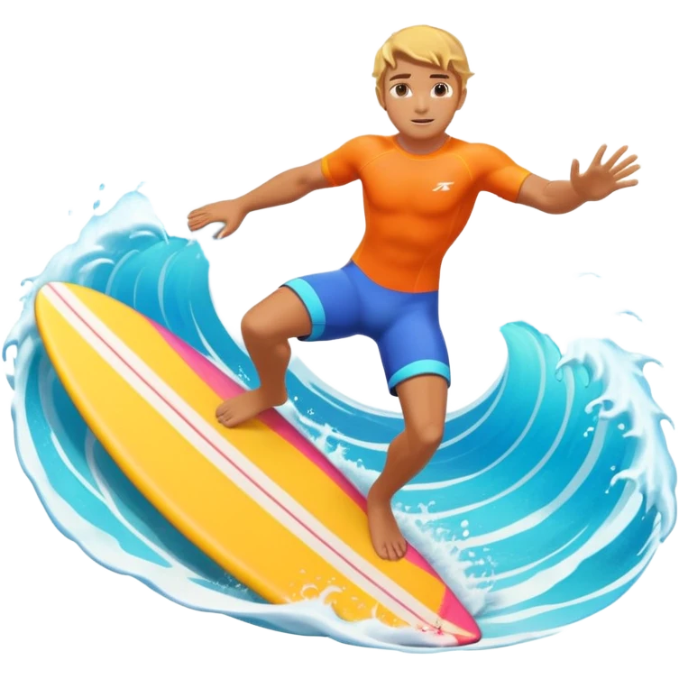 cute surfer riding big ocean waves, dynamic action pose, splash water, colorful surfboard, tropical vibe, 3D cartoon, mobile game icon style, bright colors, soft shadows, clean background, no text, no watermark emoji