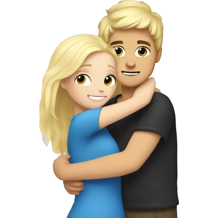 boy with black hair and blue eyess hugging a girl with blonde hair and hazel eyes emoji
